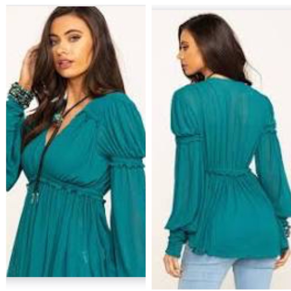 Teal Long-Sleeve V-Neck Peasant Top